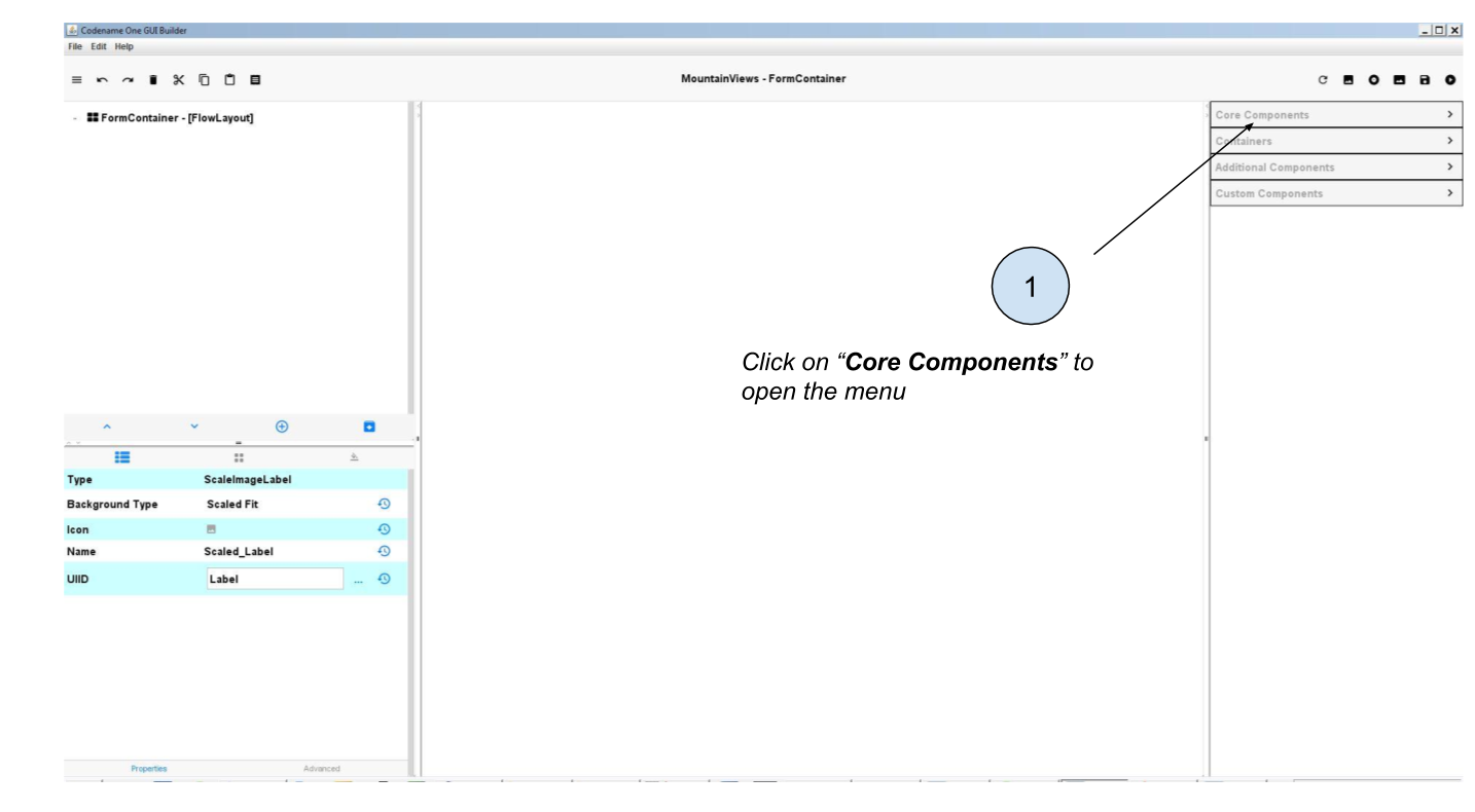 Opening the Core Components menu