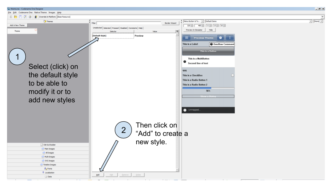 Selecting the default style to modify it