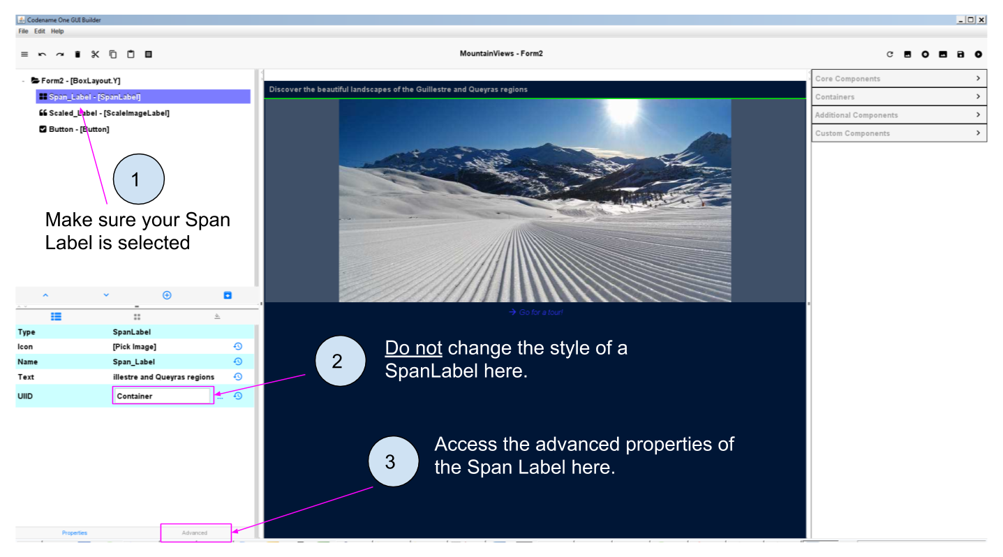 Switching to the advanced properties of the Span Label