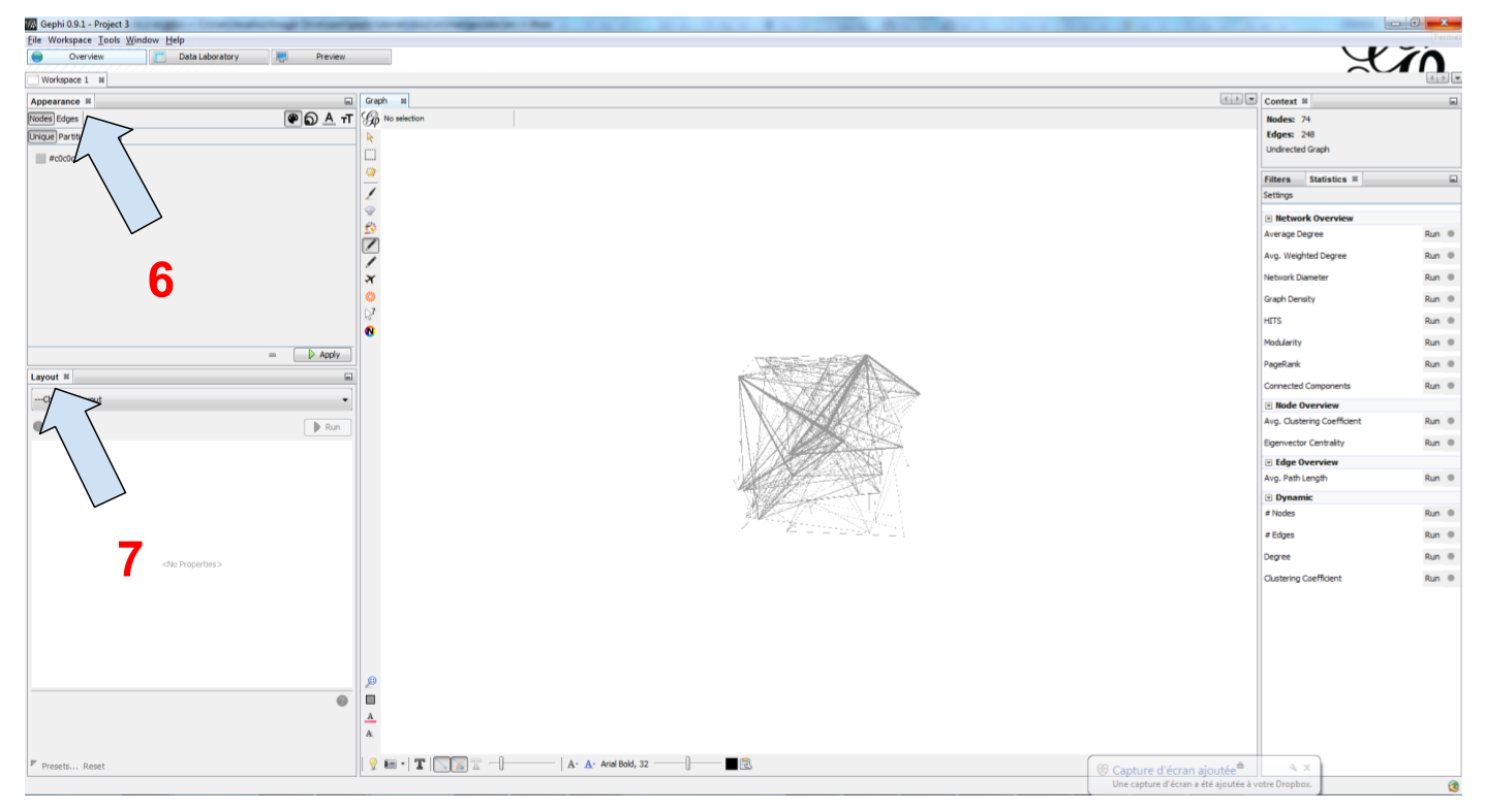 Appearance and layout panels in Gephi