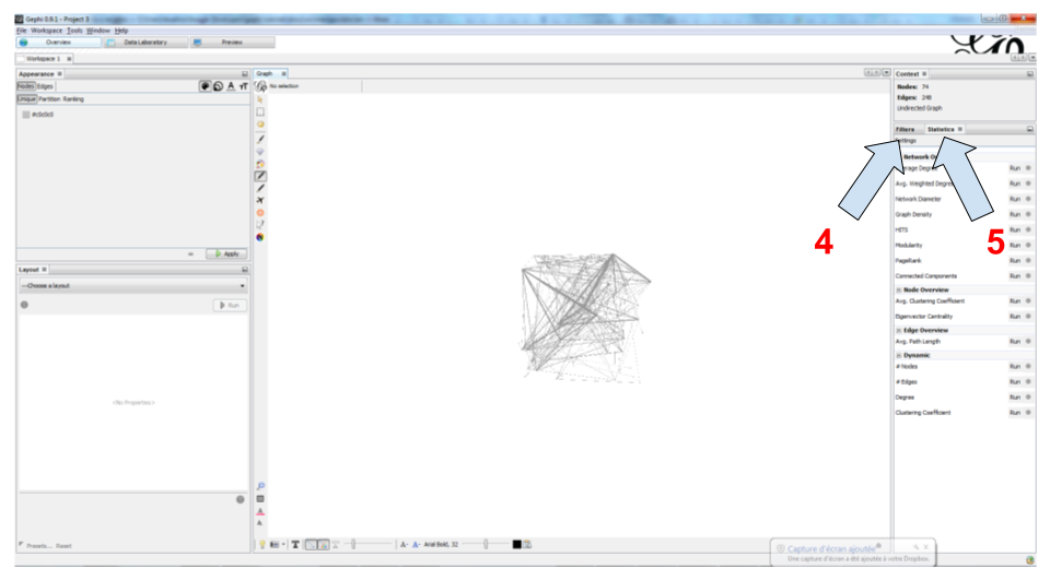 Filters and statistics panels in Gephi