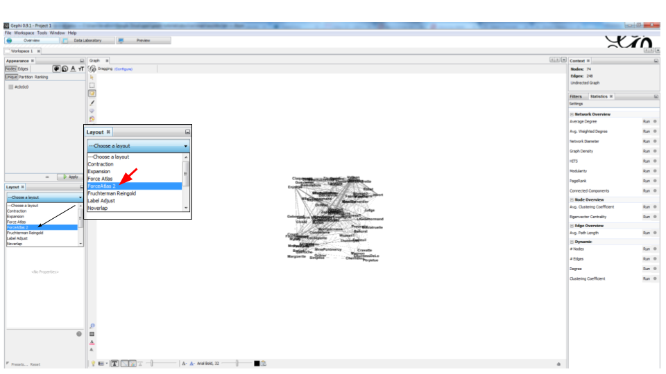 selecting the force atlas 2 layout