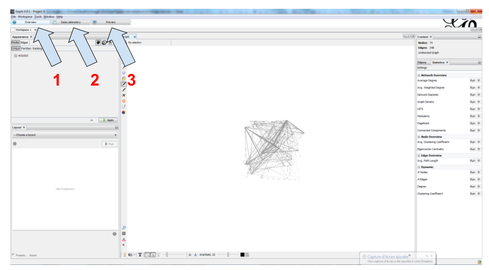 the 3 main screens in Gephi